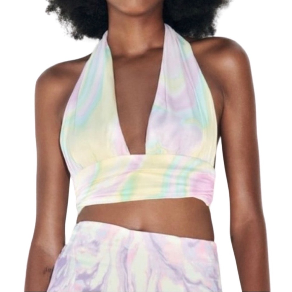 New w/Tags!! ZARA Satin Effect Pastel Tie Dye Halter Crop Top w/Tie Back - Sz M